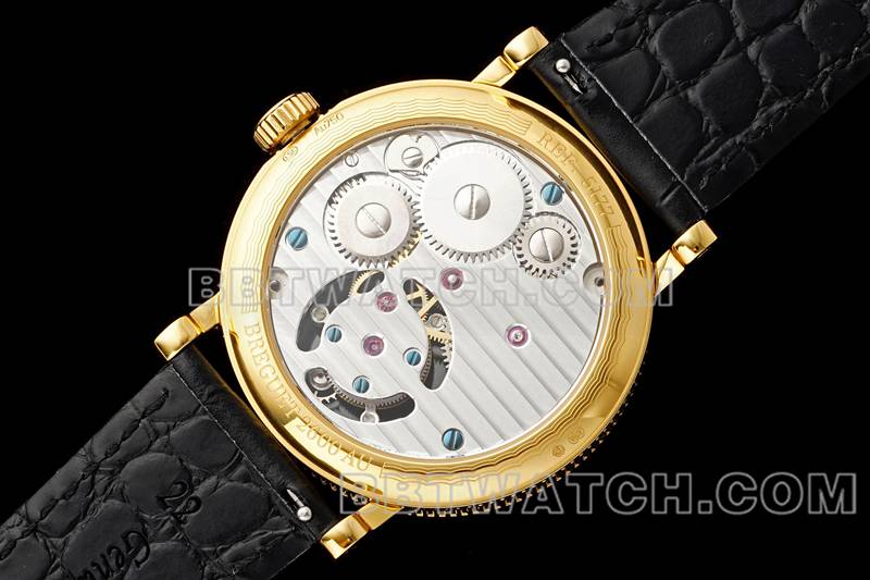 宝玑超级克隆手表RMS厂经典白盘陀飞轮黄金机械皮带款背面实拍图