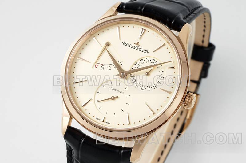 积家1:1复刻手表APS厂超薄大师玫瑰金896机芯动力储备机械皮带款正面实拍图