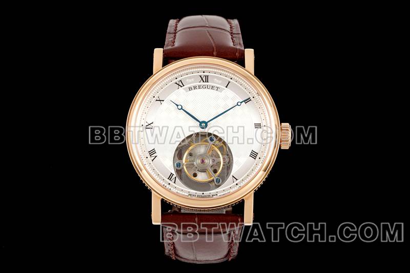 宝玑最佳复刻手表RMS厂经典银白盘陀飞轮玫瑰金机械皮带款正面实拍图