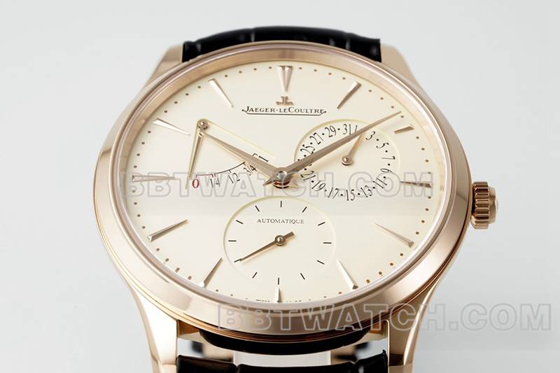 积家1:1复刻手表APS厂超薄大师玫瑰金896机芯动力储备机械皮带款正面实拍图