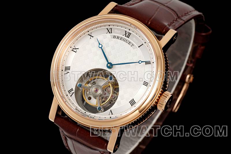 宝玑最佳复刻手表RMS厂经典银白盘陀飞轮玫瑰金机械皮带款正面实拍图