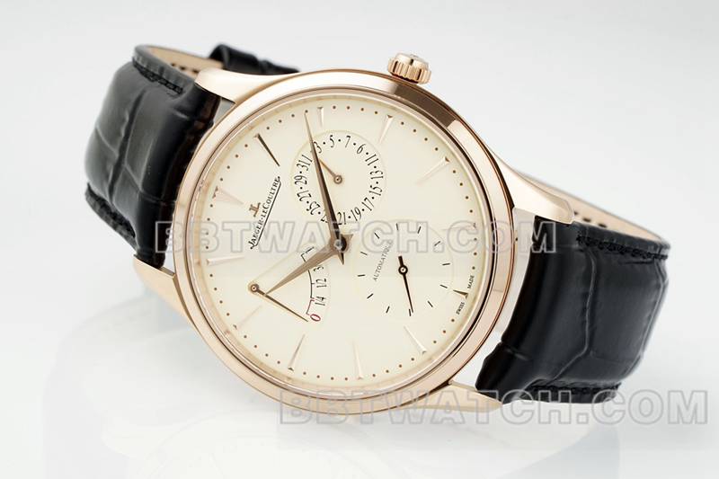 积家1:1复刻手表APS厂超薄大师玫瑰金896机芯动力储备机械皮带款正面实拍图