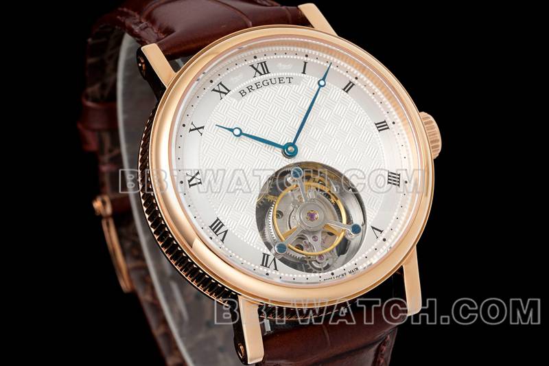 宝玑最佳复刻手表RMS厂经典银白盘陀飞轮玫瑰金机械皮带款正面实拍图