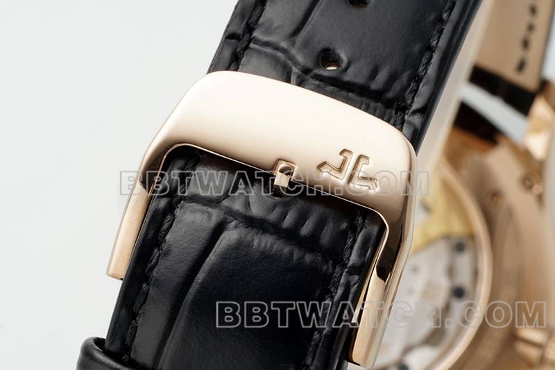 积家1:1复刻手表APS厂超薄大师玫瑰金896机芯动力储备机械皮带款表带实拍图