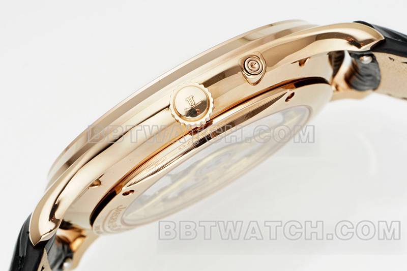 积家1:1复刻手表APS厂超薄大师玫瑰金896机芯动力储备机械皮带款侧面实拍图