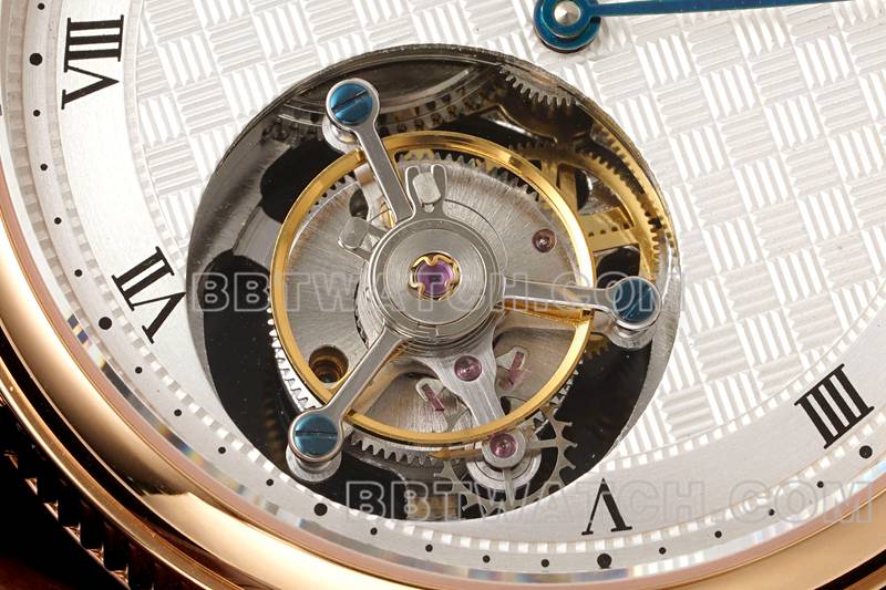 宝玑最佳复刻手表RMS厂经典银白盘陀飞轮玫瑰金机械皮带款正面实拍图