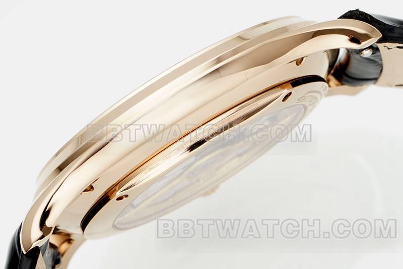 积家1:1复刻手表APS厂超薄大师玫瑰金896机芯动力储备机械皮带款侧面实拍图