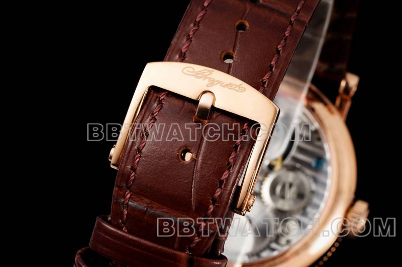 宝玑最佳复刻手表RMS厂经典银白盘陀飞轮玫瑰金机械皮带款表带实拍图