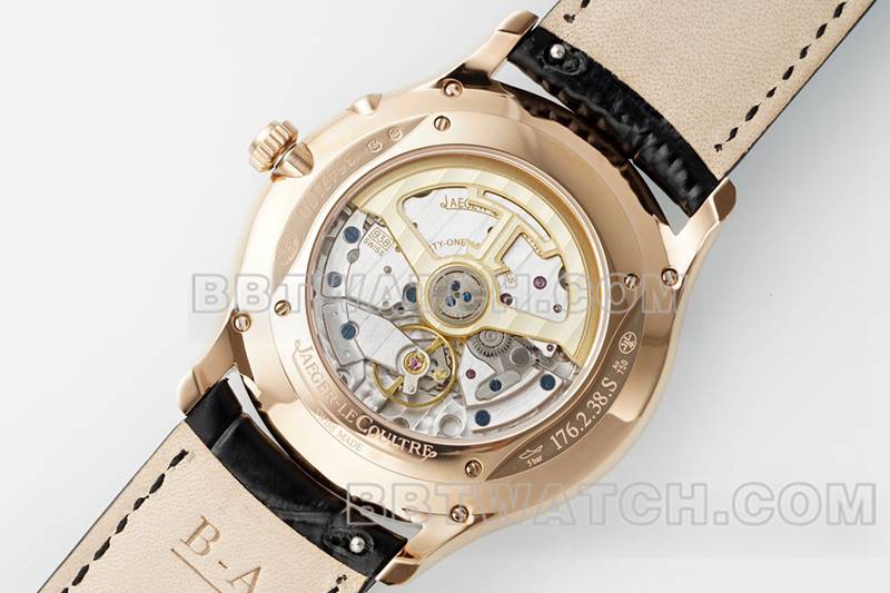 积家1:1复刻手表APS厂超薄大师玫瑰金896机芯动力储备机械皮带款背面实拍图