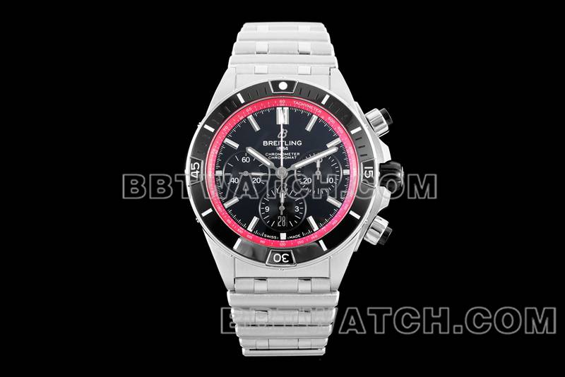 百年灵最优复刻手表TF厂机械计时黑红盘44mm钢带款正面实拍图