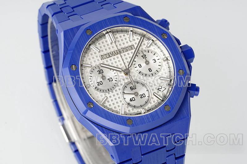 爱彼最优复刻手表APS厂皇家橡树银白盘机械蓝色钢带款26240正面实拍图