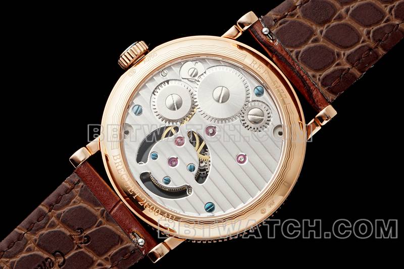 宝玑最佳复刻手表RMS厂经典银白盘陀飞轮玫瑰金机械皮带款背面实拍图