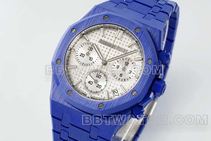 爱彼最优复刻手表APS厂皇家橡树银白盘机械蓝色钢带款26240正面实拍图