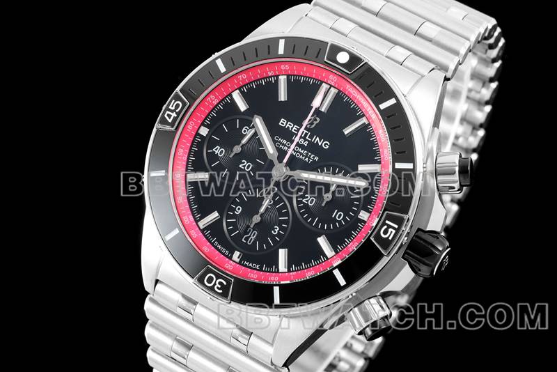 百年灵最优复刻手表TF厂机械计时黑红盘44mm钢带款正面实拍图