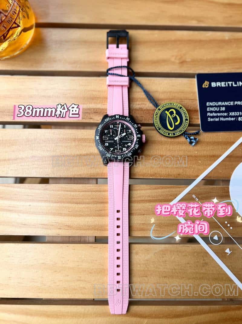 Breitling 1:1 réplique montres original single professional black disc 38mm quartz pink rubber models front real picture