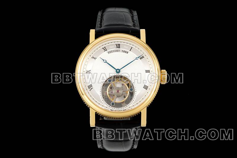 宝玑顶级复刻手表RMS厂经典银白盘陀飞轮黄金机械皮带款正面实拍图