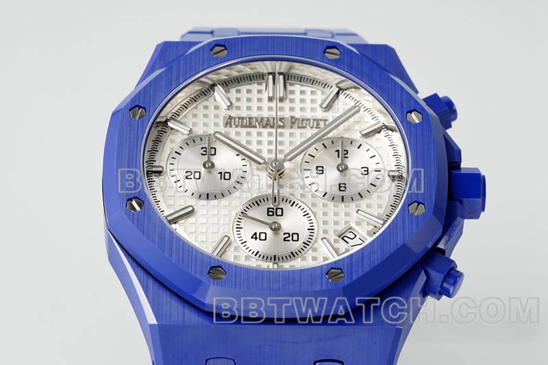 爱彼最优复刻手表APS厂皇家橡树银白盘机械蓝色钢带款26240正面实拍图