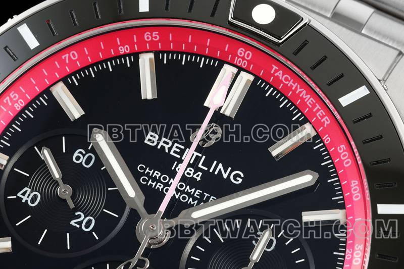 百年灵最优复刻手表TF厂机械计时黑红盘44mm钢带款正面实拍图