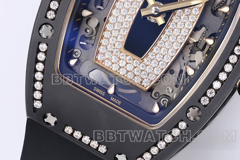 理查德米勒最优复刻手表ZF厂黑陶瓷镶钻机械手表RM07-1正面实拍图