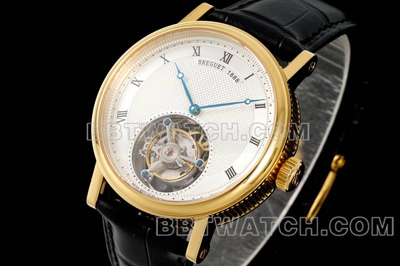 宝玑顶级复刻手表RMS厂经典银白盘陀飞轮黄金机械皮带款正面实拍图