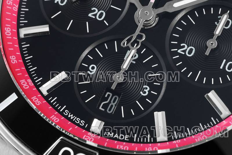 百年灵最优复刻手表TF厂机械计时黑红盘44mm钢带款正面实拍图