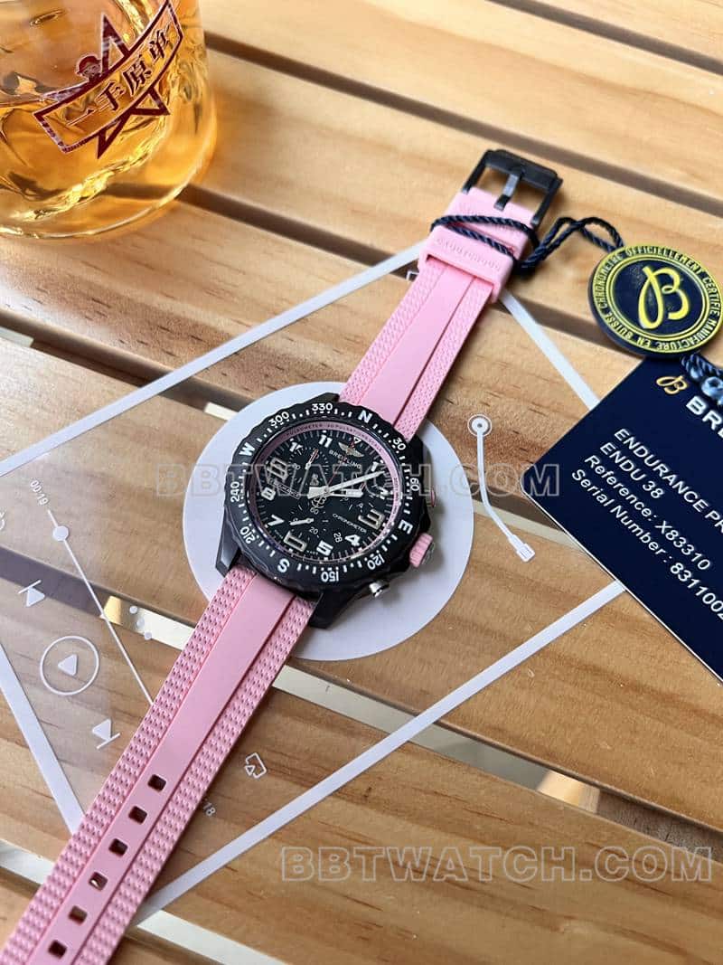 Breitling 1:1 réplique montres original single professional black disc 38mm quartz pink rubber models front real picture