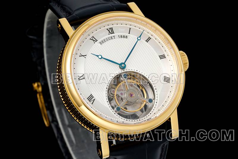 宝玑顶级复刻手表RMS厂经典银白盘陀飞轮黄金机械皮带款正面实拍图