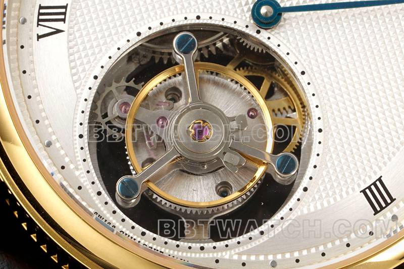 宝玑顶级复刻手表RMS厂经典银白盘陀飞轮黄金机械皮带款正面实拍图