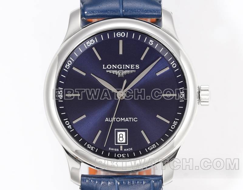浪琴最佳复刻手表XC厂名匠蓝盘棒状时标L888机械机芯皮带款正面实拍图