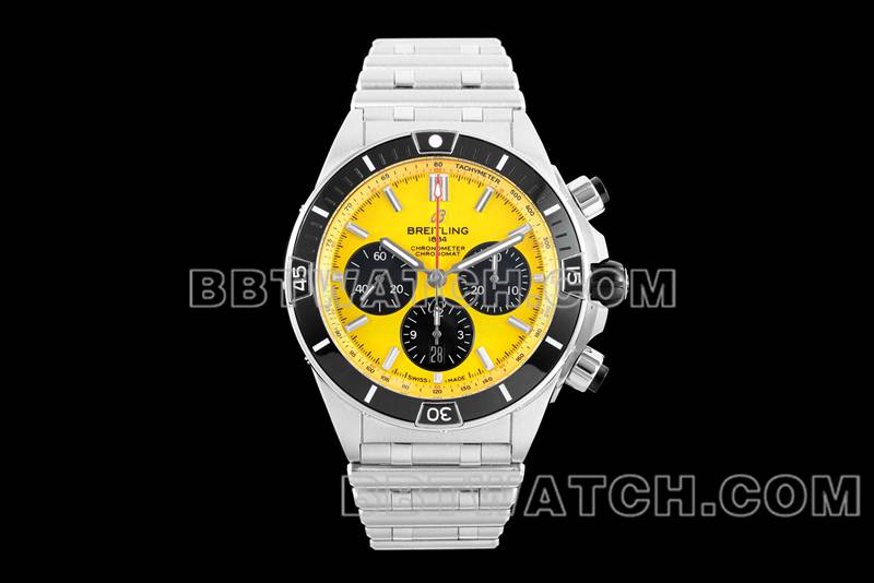 Breitling 1:1 replica watches TF factory mechanical chronograph yellow disk 44mm steel belt models front real picture