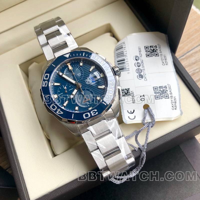 泰格豪雅超级克隆手表竞潜蓝盘43mm计时7750机械机芯钢带款正面实拍图