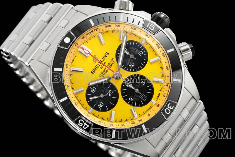 Breitling 1:1 replica watches TF factory mechanical chronograph yellow disk 44mm steel belt models front real picture
