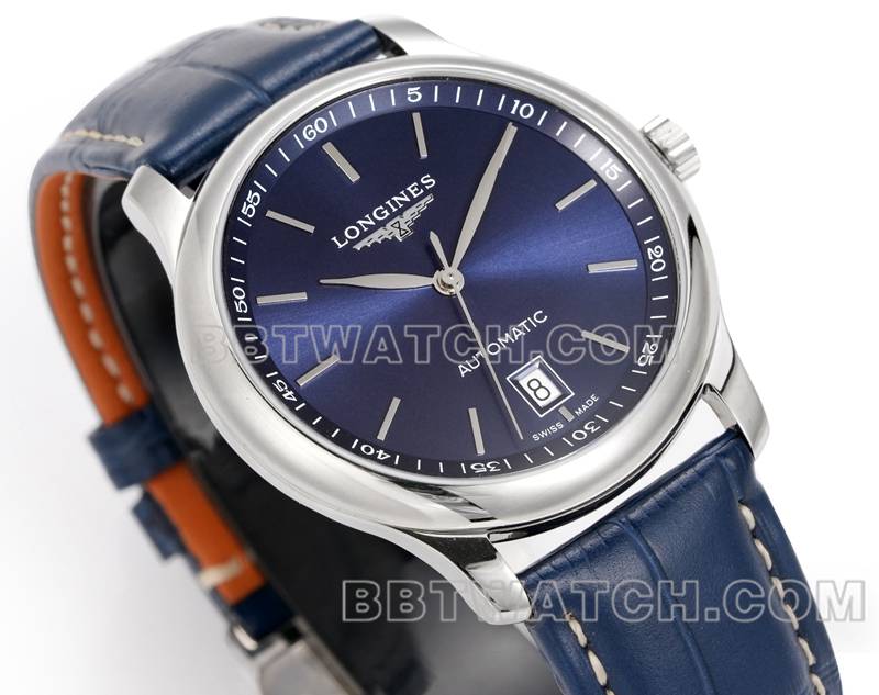 浪琴最佳复刻手表XC厂名匠蓝盘棒状时标L888机械机芯皮带款正面实拍图