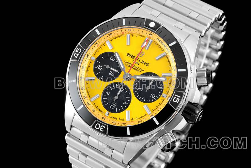 Breitling 1:1 replica watches TF factory mechanical chronograph yellow disk 44mm steel belt models front real picture