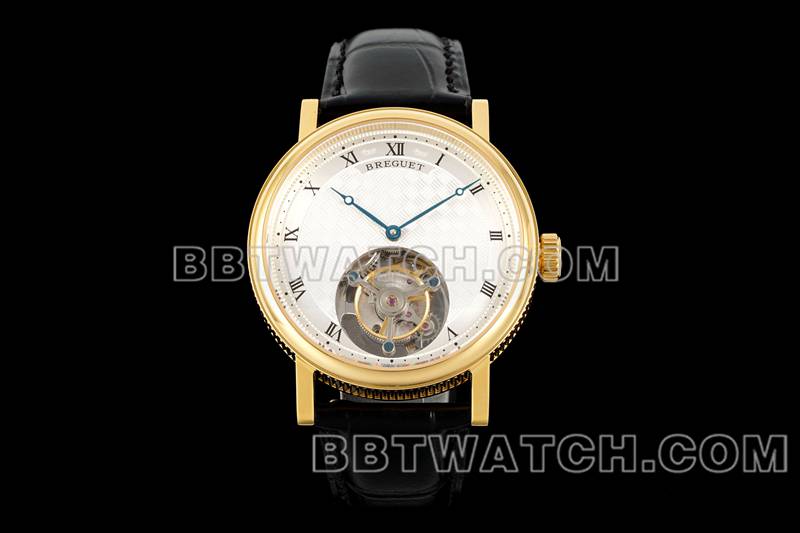 宝玑最优复刻手表RMS厂经典银白盘陀飞轮黄金机械皮带款正面实拍图