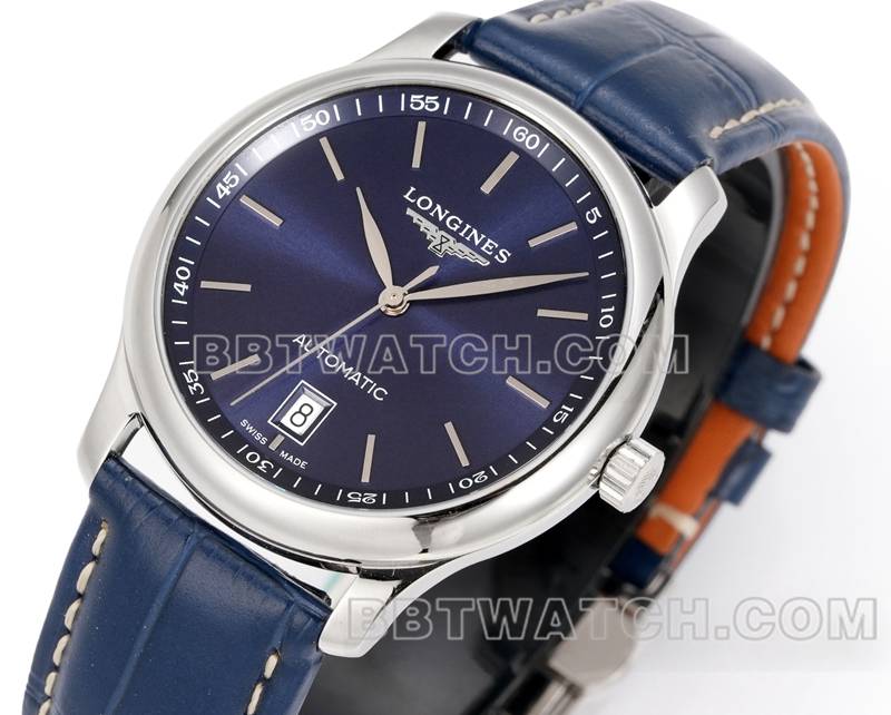 浪琴最佳复刻手表XC厂名匠蓝盘棒状时标L888机械机芯皮带款正面实拍图