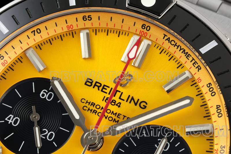 Breitling 1:1 replica watches TF factory mechanical chronograph yellow disk 44mm steel belt models front real picture