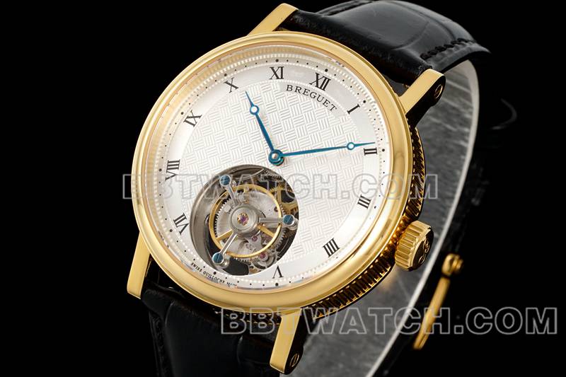 宝玑最优复刻手表RMS厂经典银白盘陀飞轮黄金机械皮带款正面实拍图