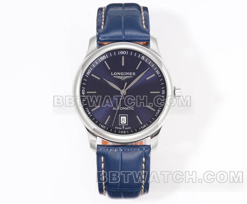 浪琴最佳复刻手表XC厂名匠蓝盘棒状时标L888机械机芯皮带款正面实拍图