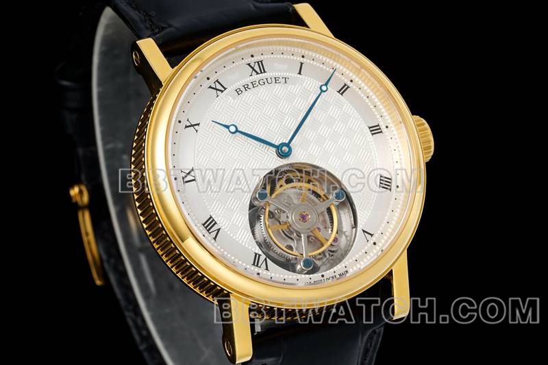 宝玑最优复刻手表RMS厂经典银白盘陀飞轮黄金机械皮带款正面实拍图