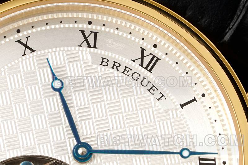 宝玑最优复刻手表RMS厂经典银白盘陀飞轮黄金机械皮带款正面实拍图