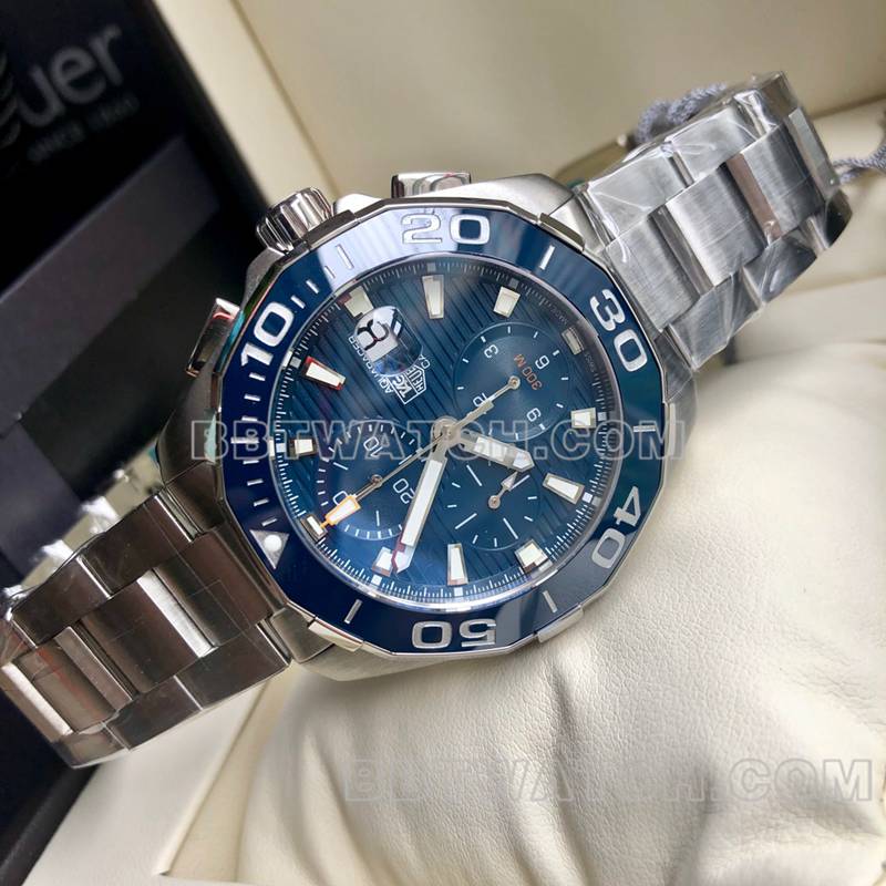 泰格豪雅超级克隆手表竞潜蓝盘43mm计时7750机械机芯钢带款正面实拍图