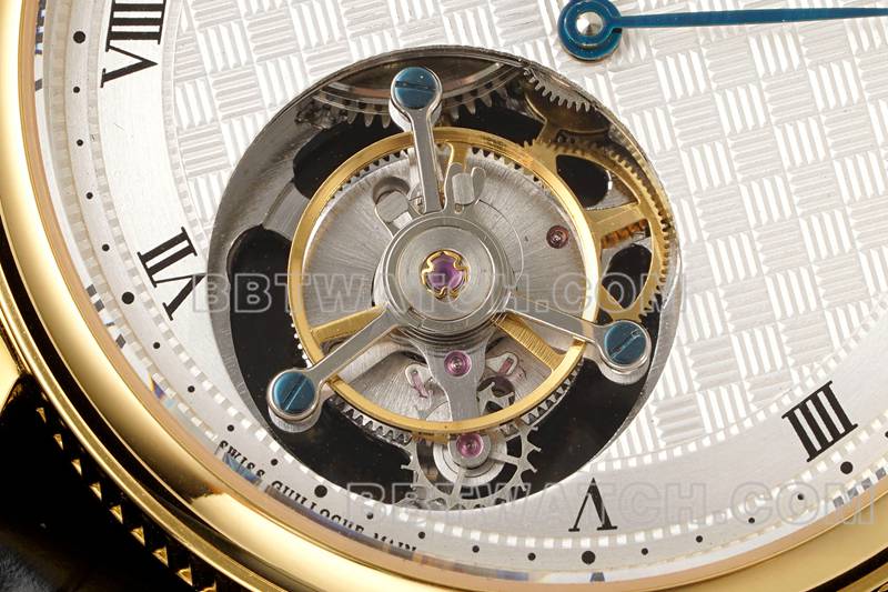 宝玑最优复刻手表RMS厂经典银白盘陀飞轮黄金机械皮带款正面实拍图