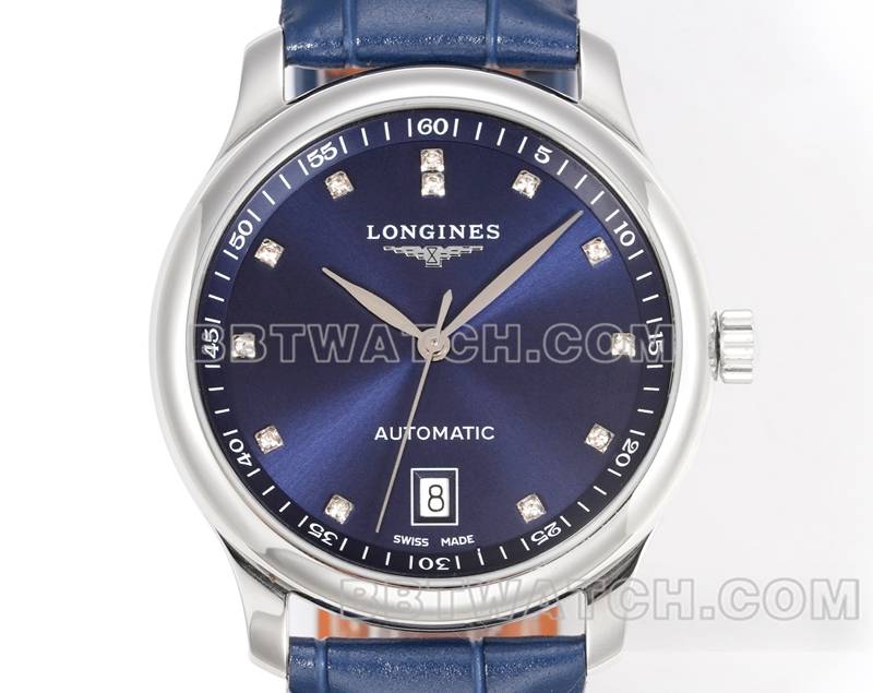 浪琴超级克隆手表XC厂名匠蓝盘钻时标L888机械机芯皮带款正面实拍图