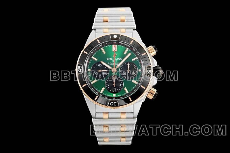 百年灵超级克隆手表TF厂机械计时绿盘44mm间金钢带款正面实拍图