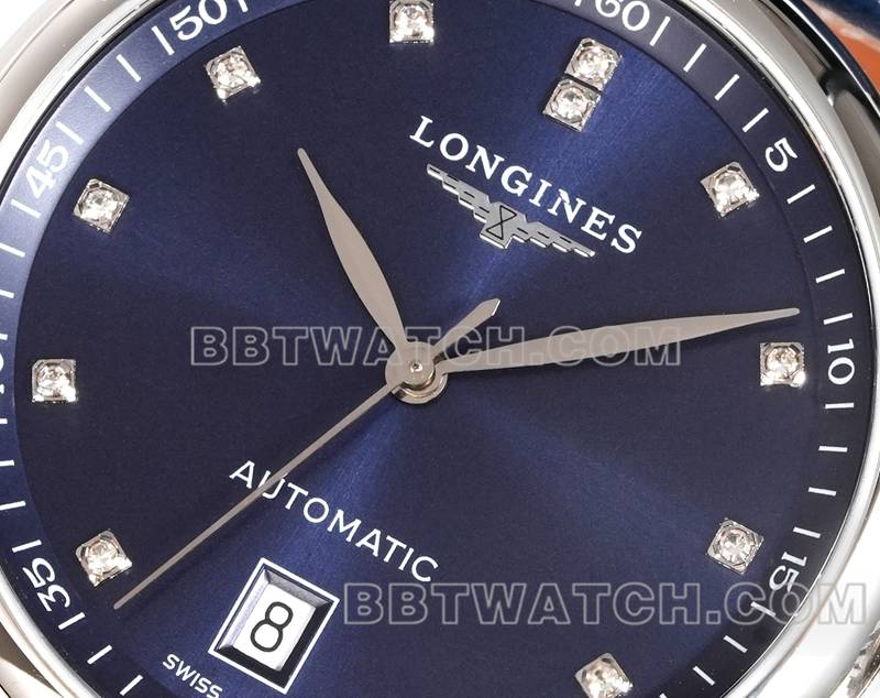 浪琴超级克隆手表XC厂名匠蓝盘钻时标L888机械机芯皮带款正面实拍图