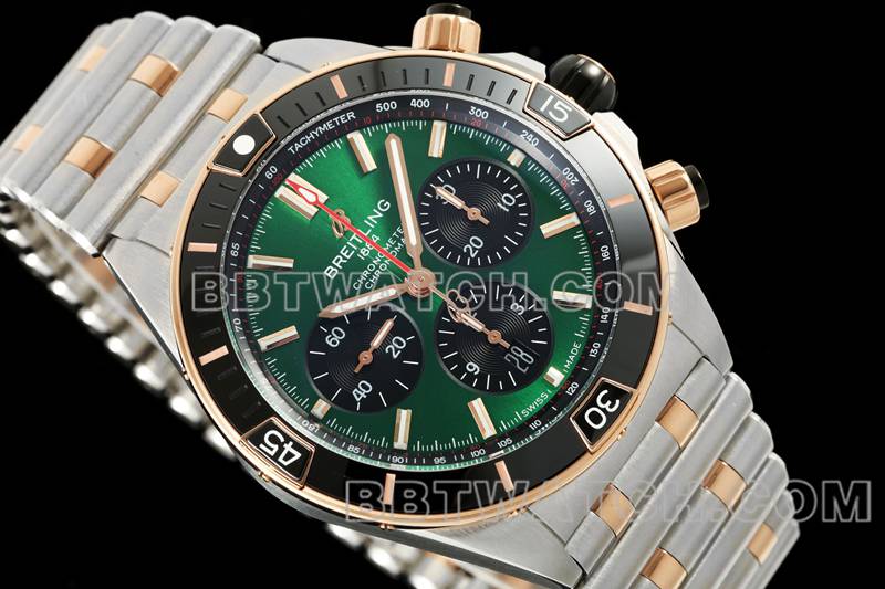 百年灵超级克隆手表TF厂机械计时绿盘44mm间金钢带款正面实拍图