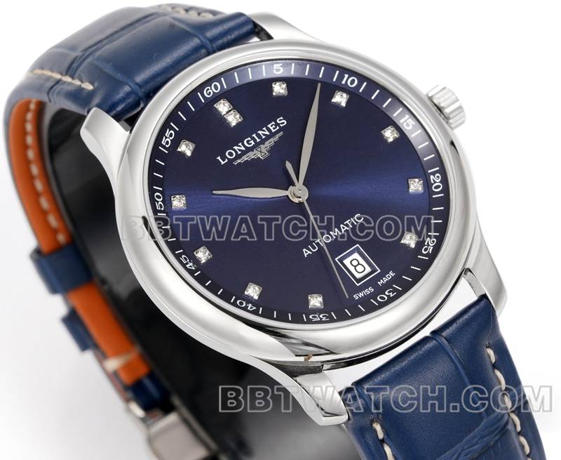 浪琴超级克隆手表XC厂名匠蓝盘钻时标L888机械机芯皮带款正面实拍图