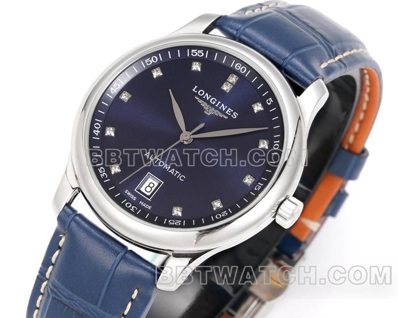 浪琴超级克隆手表XC厂名匠蓝盘钻时标L888机械机芯皮带款正面实拍图