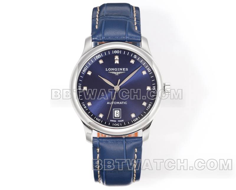 浪琴超级克隆手表XC厂名匠蓝盘钻时标L888机械机芯皮带款正面实拍图